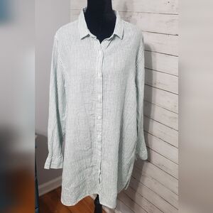 Garnet Hill Women European Flax Linen Green & White Striped Blouse Button Up Lg